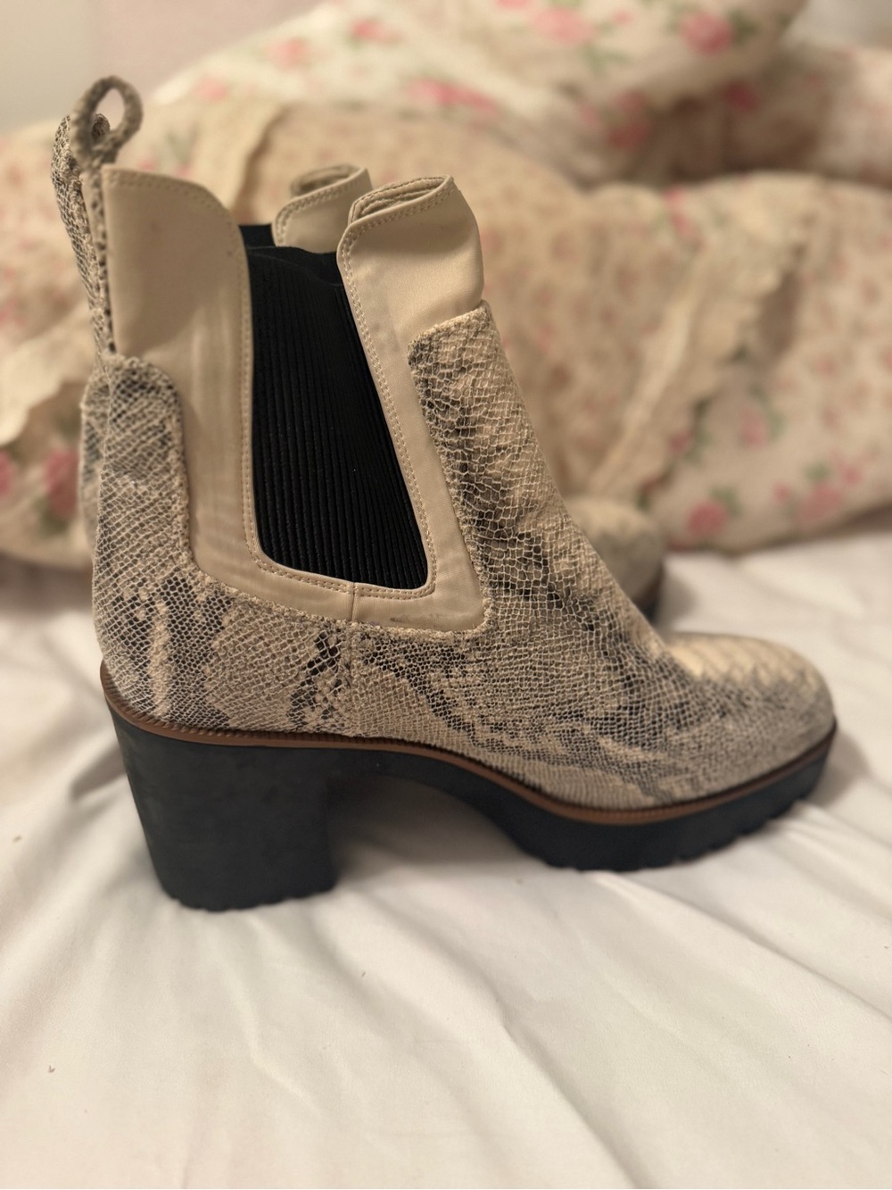 Beige Snake-Print Chelsea Bootie with Block Heel